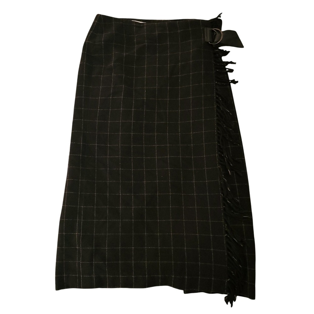 David N 8 Brown Plaid Wool Blend Wrap Skirt Fringe Buckle 80/90s Fall Class Chic